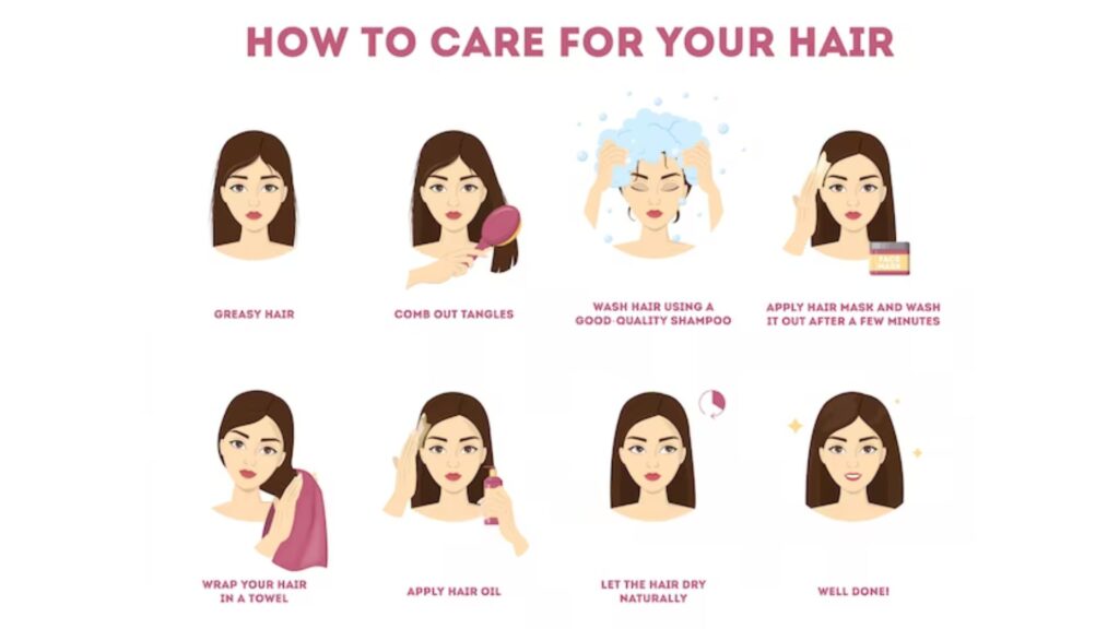 Infographic showing steps to apply hair serum for frizz-free hair