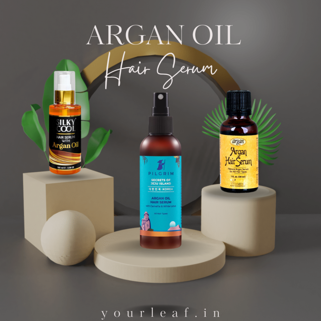 Different bottles of argan oil hair serum for various hair types.