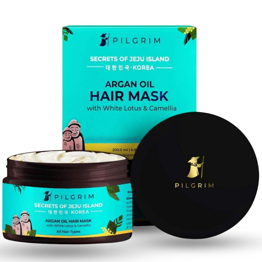 hair mask for frizzy hair | PILGRIM Korean Argan Oil Hair Mask for dry & frizzy hair with White Lotus and Camellia | yourleaf.in | hair serum 